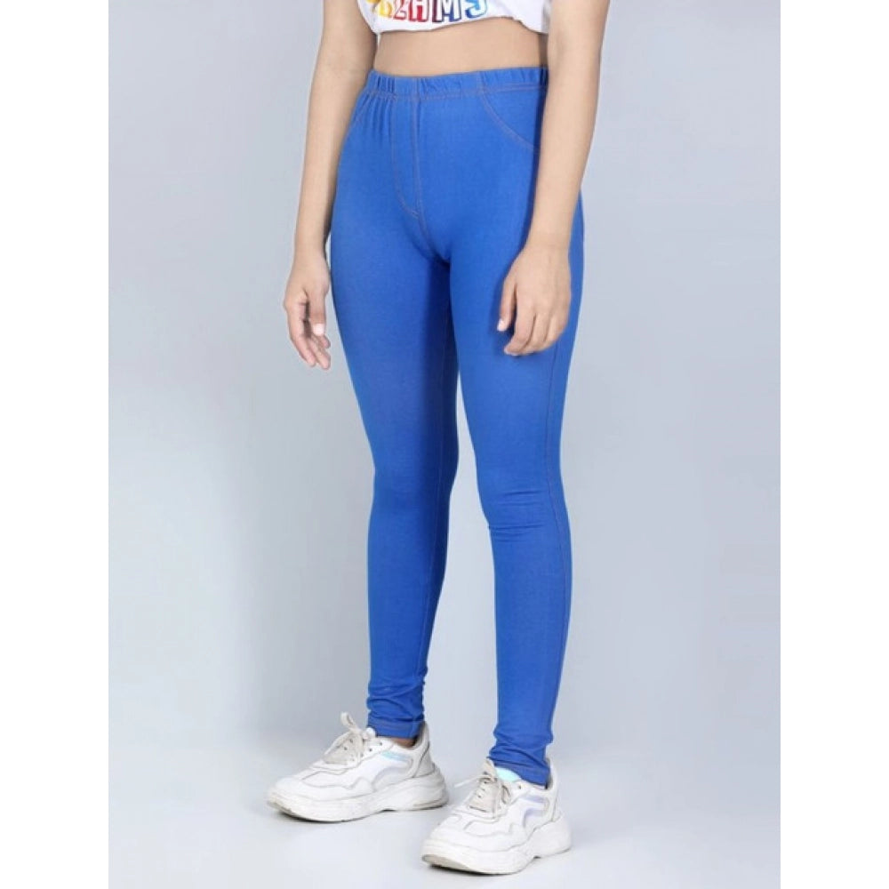Generic Girl's Cotton Lycra Solid Elasticated Jeggings (Blue)