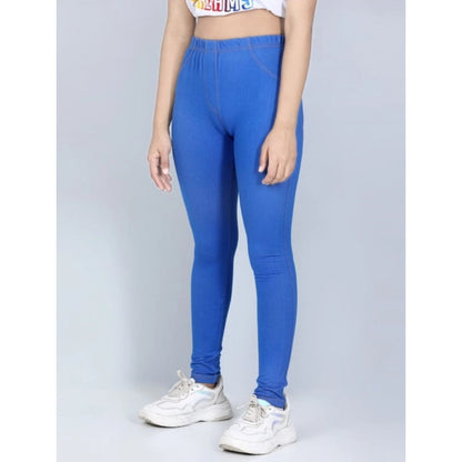 Generic Girl's Cotton Lycra Solid Elasticated Jeggings (Blue)