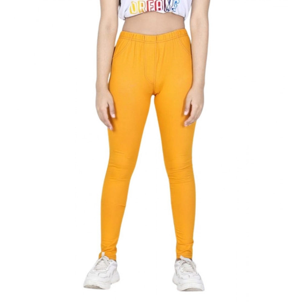 Generic Girl's Cotton Lycra Solid Elasticated Jeggings (Mustard)