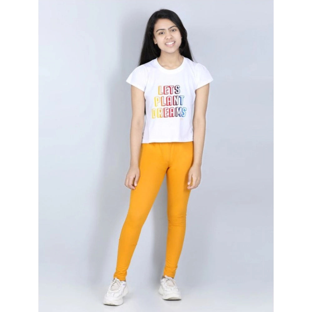 Generic Girl's Cotton Lycra Solid Elasticated Jeggings (Mustard)