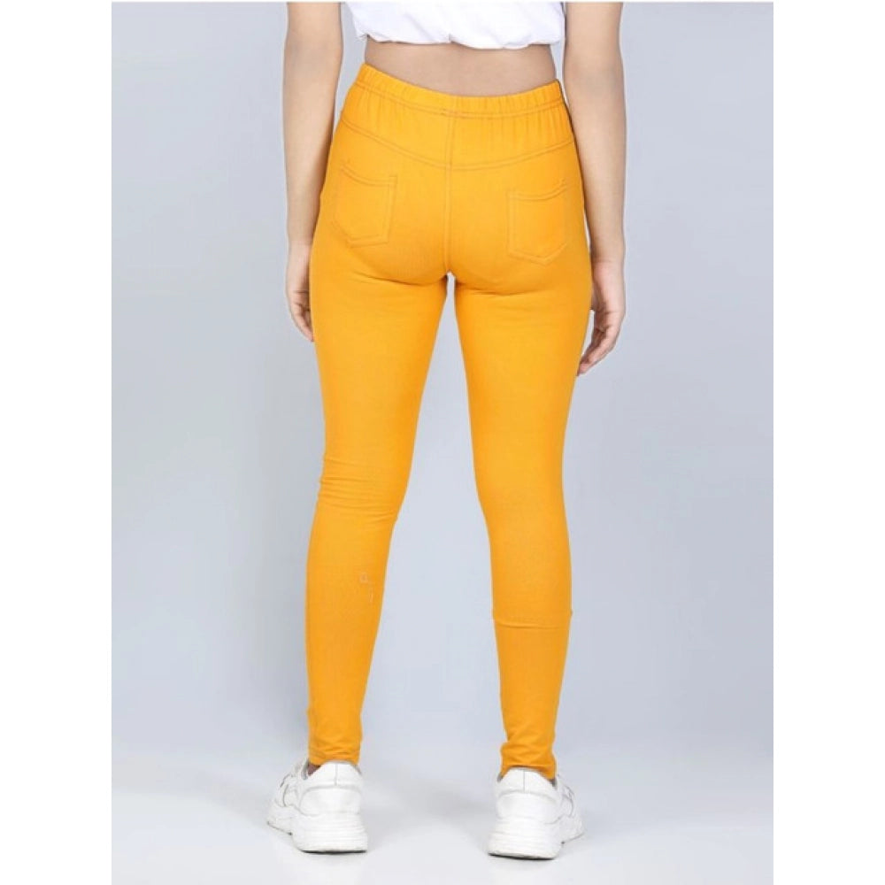 Generic Girl's Cotton Lycra Solid Elasticated Jeggings (Mustard)