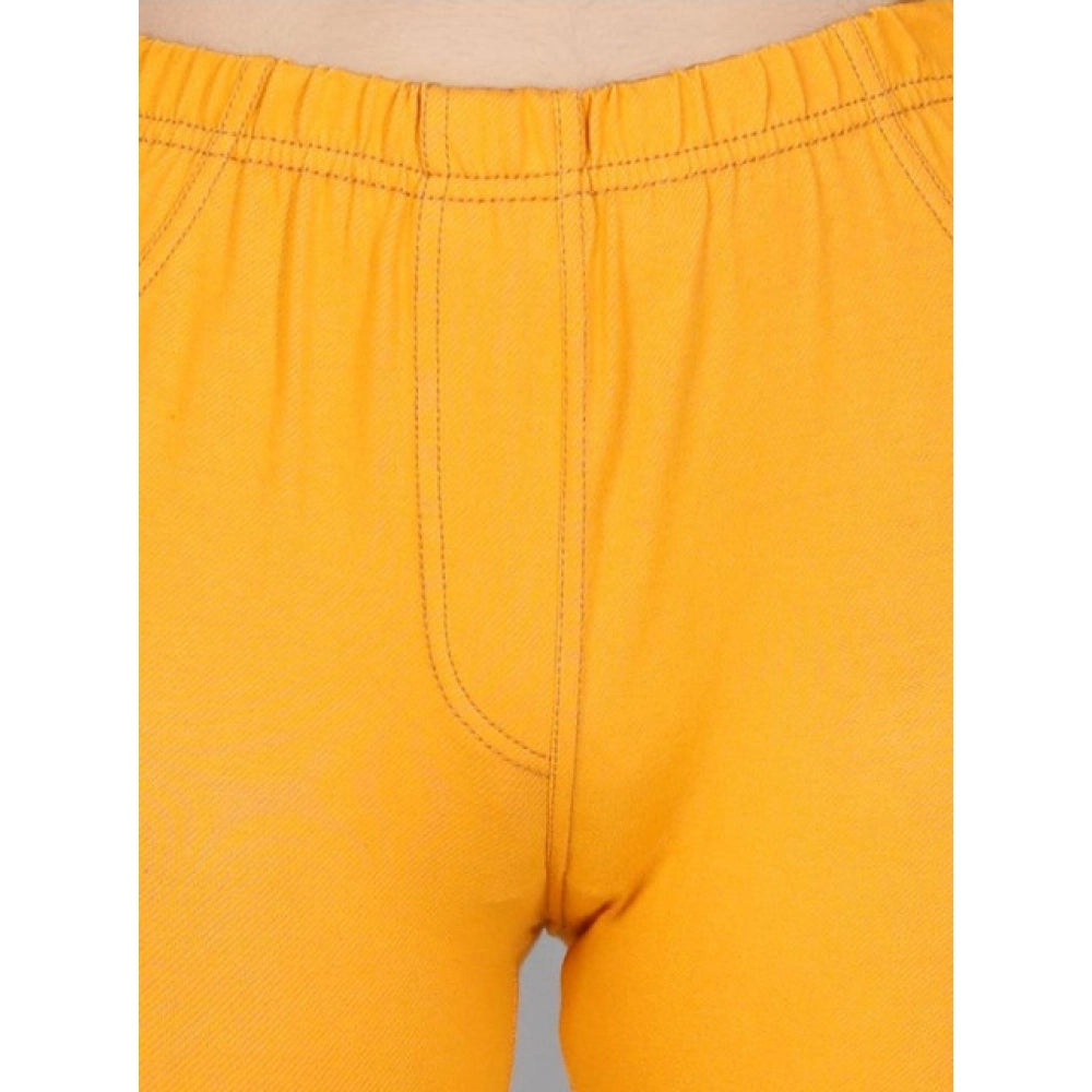 Generic Girl's Cotton Lycra Solid Elasticated Jeggings (Mustard)