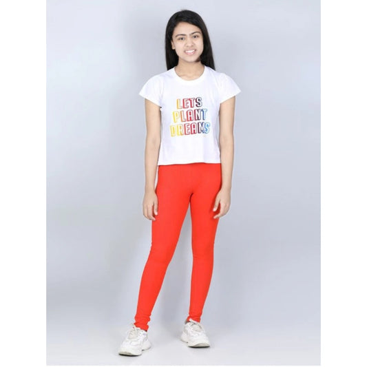 Generic Girl's Cotton Lycra Solid Elasticated Jeggings (Orange)