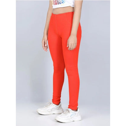 Generic Girl's Cotton Lycra Solid Elasticated Jeggings (Orange)