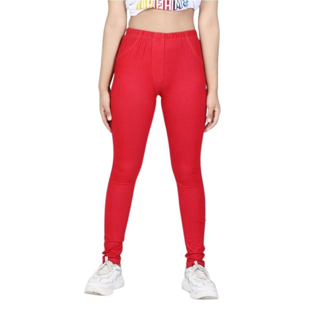 Generic Girl's Cotton Lycra Solid Elasticated Jeggings (Red)
