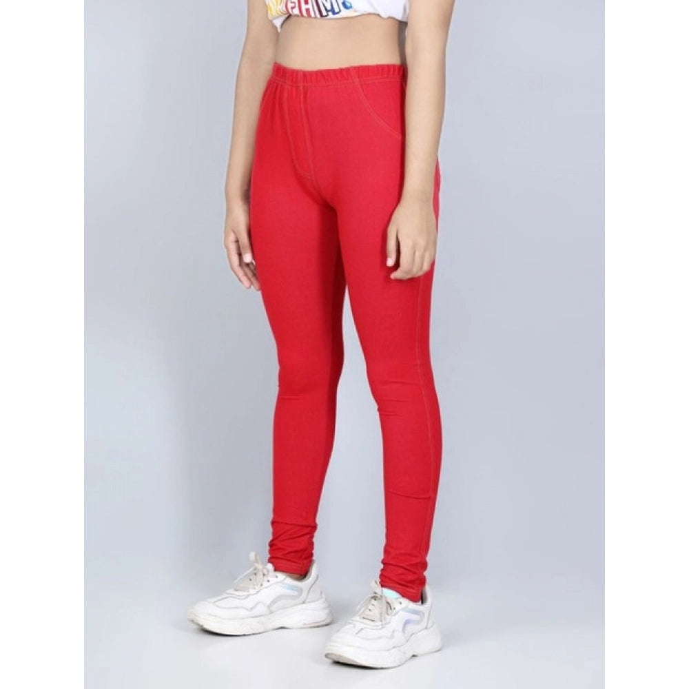 Generic Girl's Cotton Lycra Solid Elasticated Jeggings (Red)