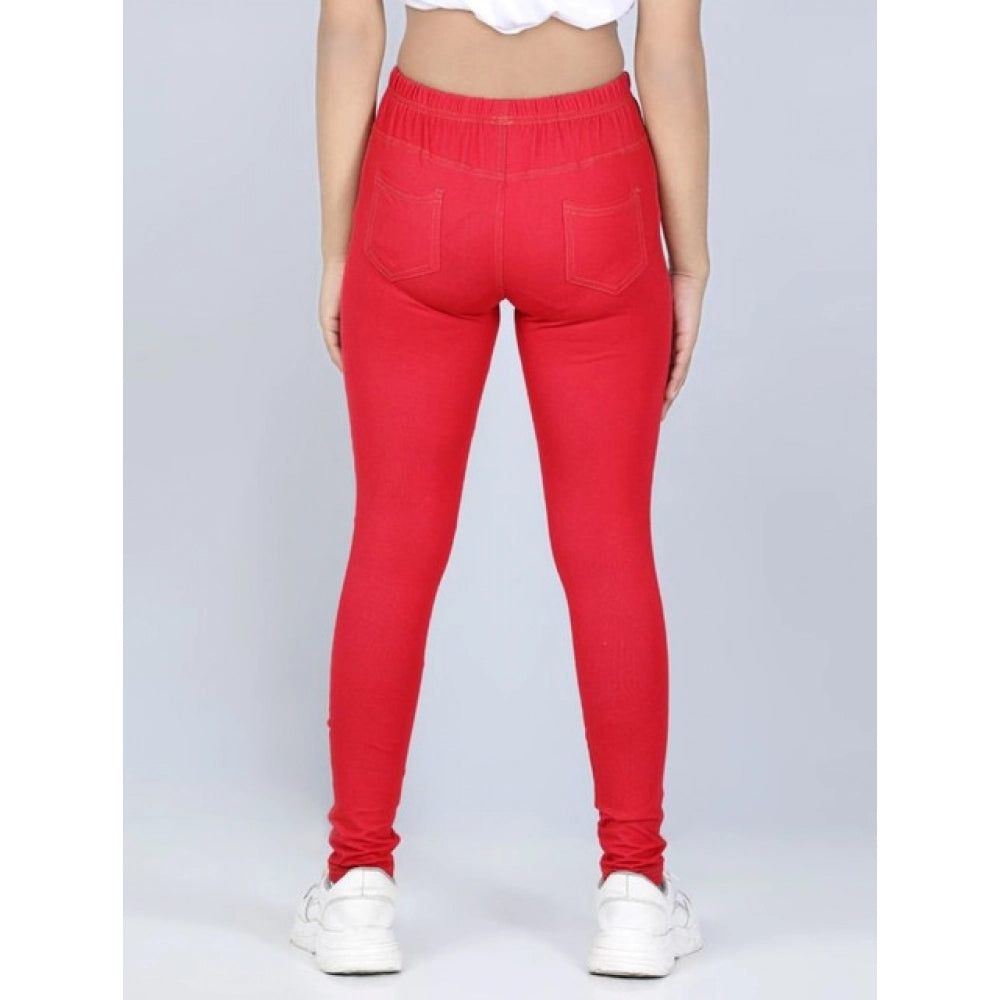 Generic Girl's Cotton Lycra Solid Elasticated Jeggings (Red)