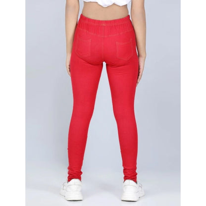 Generic Girl's Cotton Lycra Solid Elasticated Jeggings (Red)