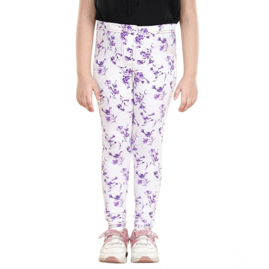 Generic Girl's Cotton Lycra Floral Elasticated Jeggings (White-Lavender)