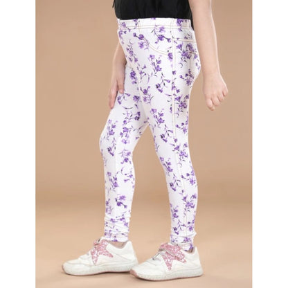 Generic Girl's Cotton Lycra Floral Elasticated Jeggings (White-Lavender)