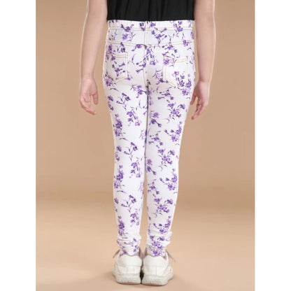 Generic Girl's Cotton Lycra Floral Elasticated Jeggings (White-Lavender)