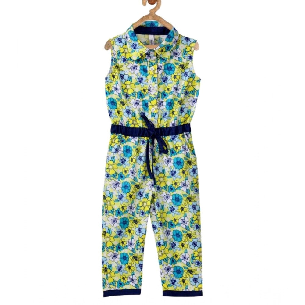 Generic Girl's Cotton Floral Sleeveless Jumpsuit (Yellow)
