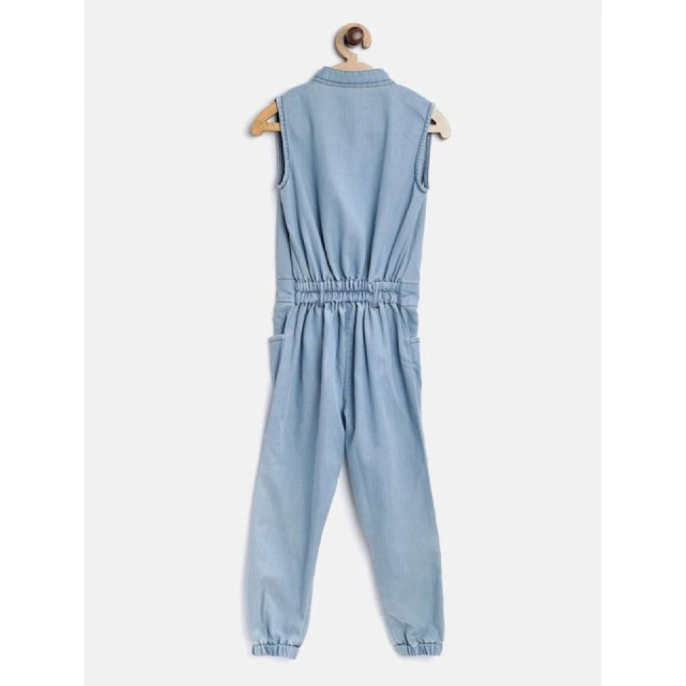 Generic Girl's Denim Embellished Sleeveless Jumpsuit (Blue)