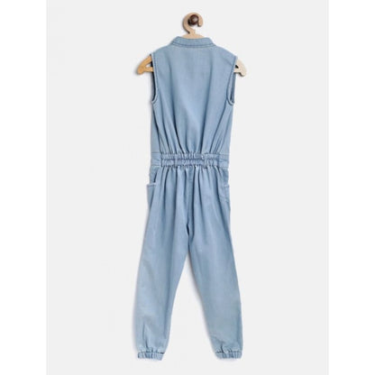 Generic Girl's Denim Embellished Sleeveless Jumpsuit (Blue)