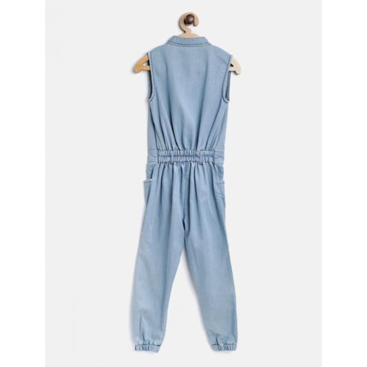 Generic Girl's Denim Embellished Sleeveless Jumpsuit (Blue)