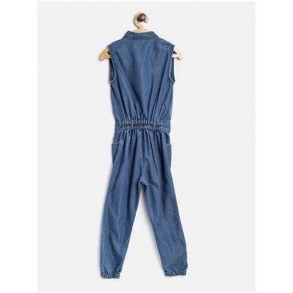 Generic Girl's Denim Embellished Sleeveless Jumpsuit (Blue)