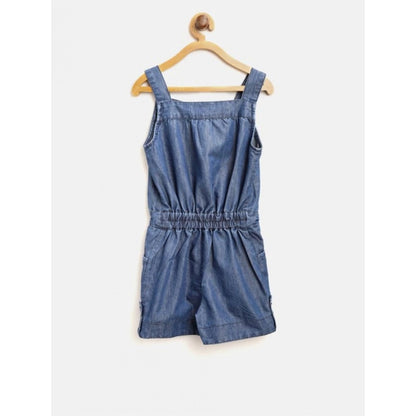 Generic Girl's Denim Embroidered Sleeveless Jumpsuit (Blue)