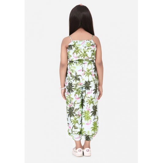 Generic Girl's Denim Embroidered Sleeveless Jumpsuit (White-Green)