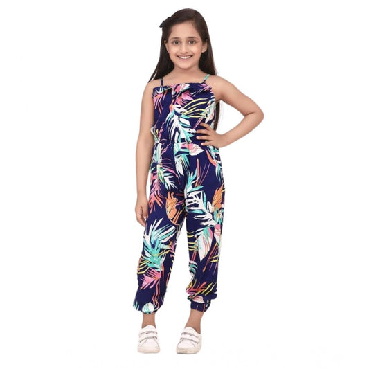 Generic Girl's Rayon Printed Sleeveless Jumpsuit (Blue-Multicolor)