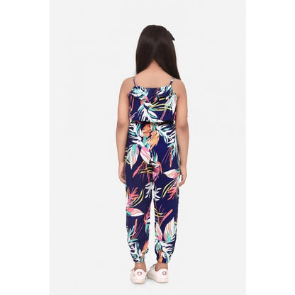 Generic Girl's Rayon Printed Sleeveless Jumpsuit (Blue-Multicolor)