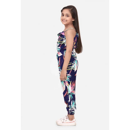 Generic Girl's Rayon Printed Sleeveless Jumpsuit (Blue-Multicolor)