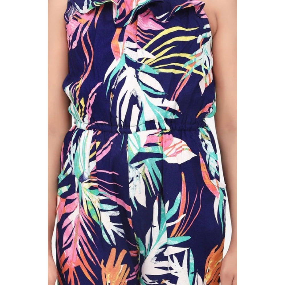 Generic Girl's Rayon Printed Sleeveless Jumpsuit (Blue-Multicolor)