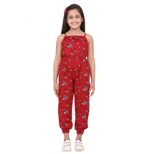 Generic Girl's Rayon Floral Sleeveless Jumpsuit (Red)