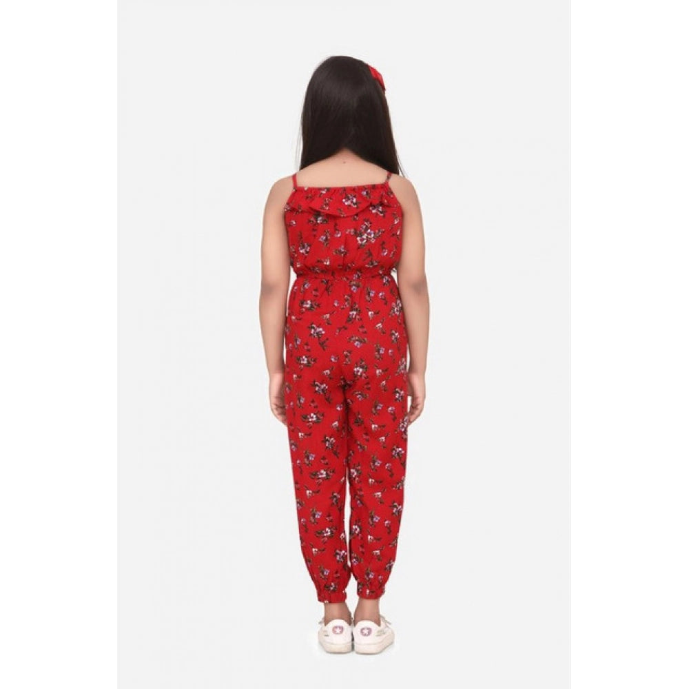 Generic Girl's Rayon Floral Sleeveless Jumpsuit (Red)