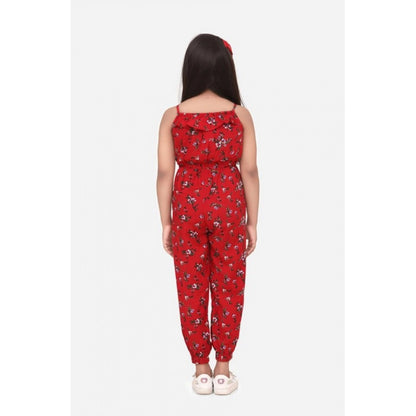 Generic Girl's Rayon Floral Sleeveless Jumpsuit (Red)