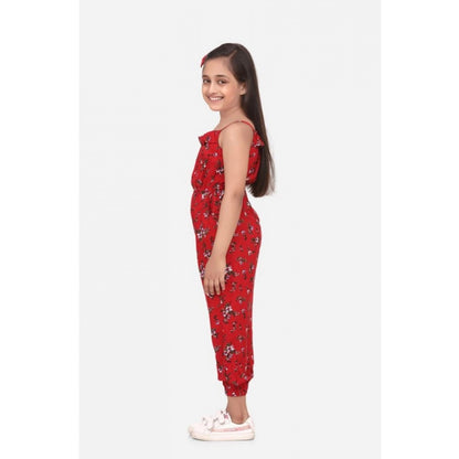 Generic Girl's Rayon Floral Sleeveless Jumpsuit (Red)