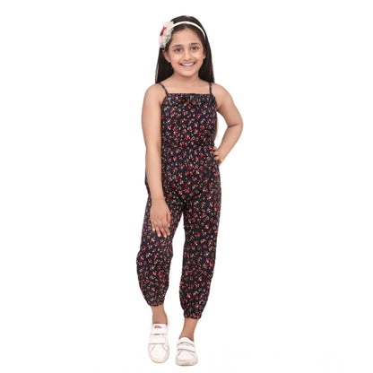 Generic Girl's Rayon Floral Sleeveless Jumpsuit (Black-Red)