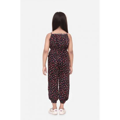 Generic Girl's Rayon Floral Sleeveless Jumpsuit (Black-Red)