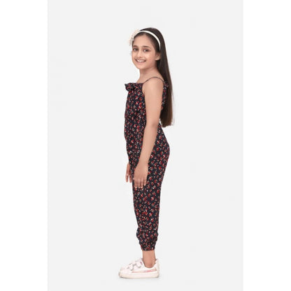 Generic Girl's Rayon Floral Sleeveless Jumpsuit (Black-Red)