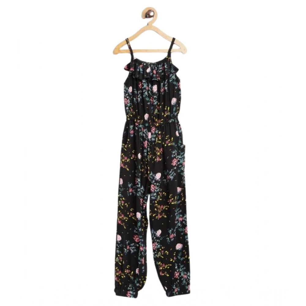 Generic Girl's Rayon Floral Sleeveless Jumpsuit (Black-Pink)
