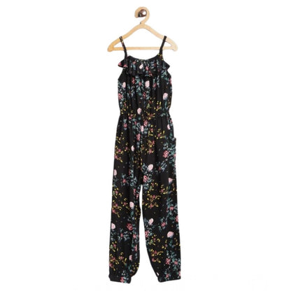 Generic Girl's Rayon Floral Sleeveless Jumpsuit (Black-Pink)