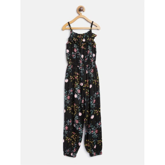 Generic Girl's Rayon Floral Sleeveless Jumpsuit (Black-Pink)