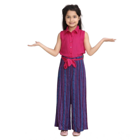 Generic Girl's Rayon Colour Block Sleeveless Jumpsuit (Pink-Blue)