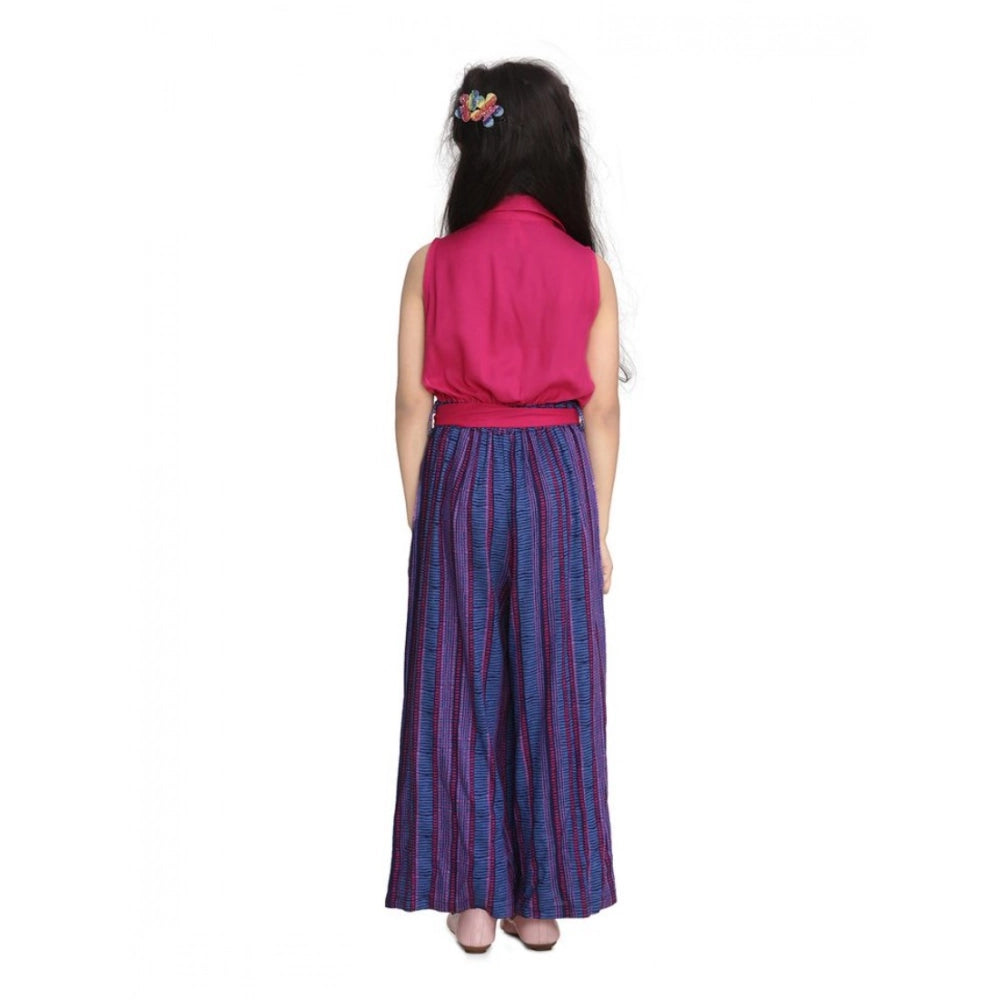 Generic Girl's Rayon Colour Block Sleeveless Jumpsuit (Pink-Blue)