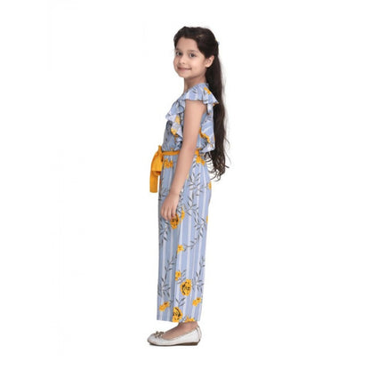 Generic Girl's Rayon Floral Flutter Jumpsuit (Blue-Yellow)