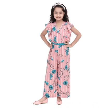 Generic Girl's Rayon Floral Flutter Jumpsuit (Pink-Blue)