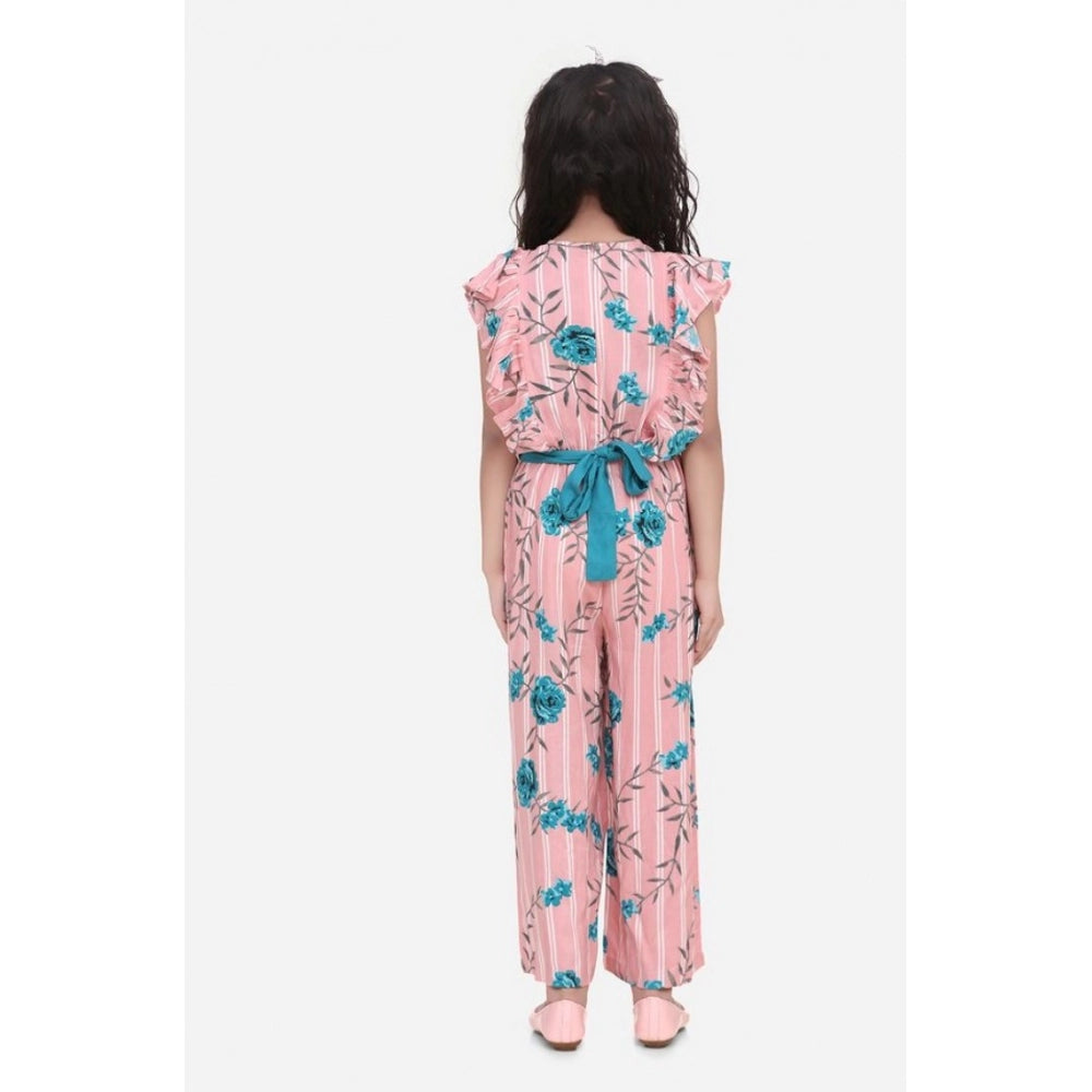 Generic Girl's Rayon Floral Flutter Jumpsuit (Pink-Blue)