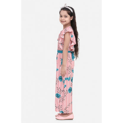 Generic Girl's Rayon Floral Flutter Jumpsuit (Pink-Blue)
