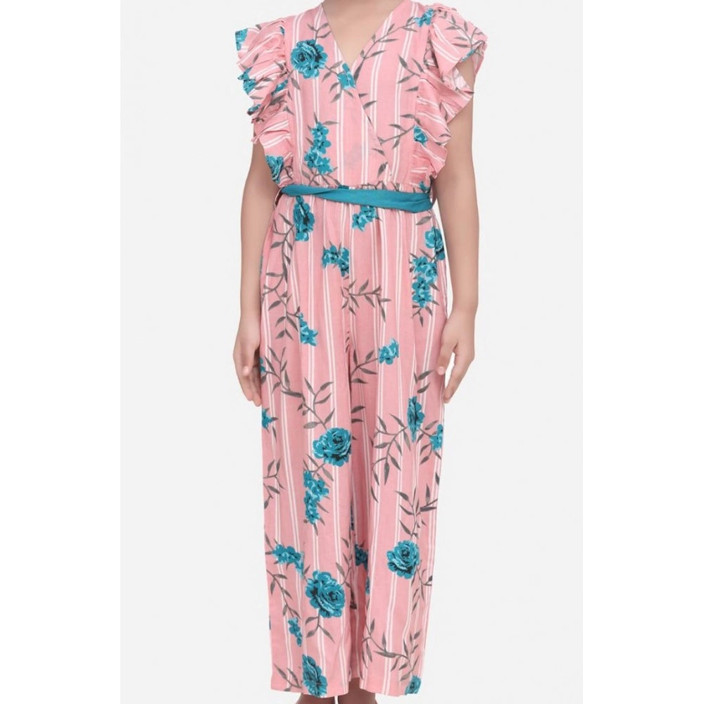 Generic Girl's Rayon Floral Flutter Jumpsuit (Pink-Blue)