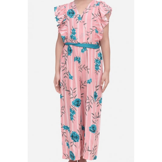 Generic Girl's Rayon Floral Flutter Jumpsuit (Pink-Blue)