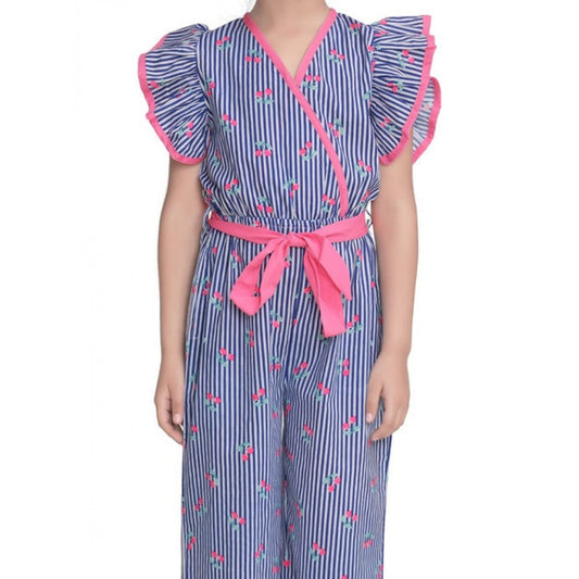 Generic Girl's Cotton Striped Flutter Jumpsuit (Blue-Pink)
