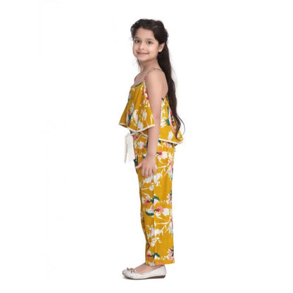Generic Girl's Rayon Floral Shoulder Straps Jumpsuit (Mustard)