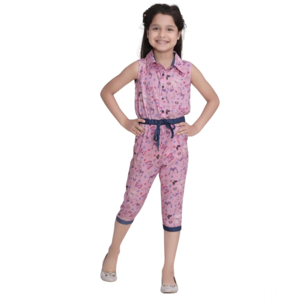 Generic Girl's Cotton Printed Sleeveless Jumpsuit (Pink)