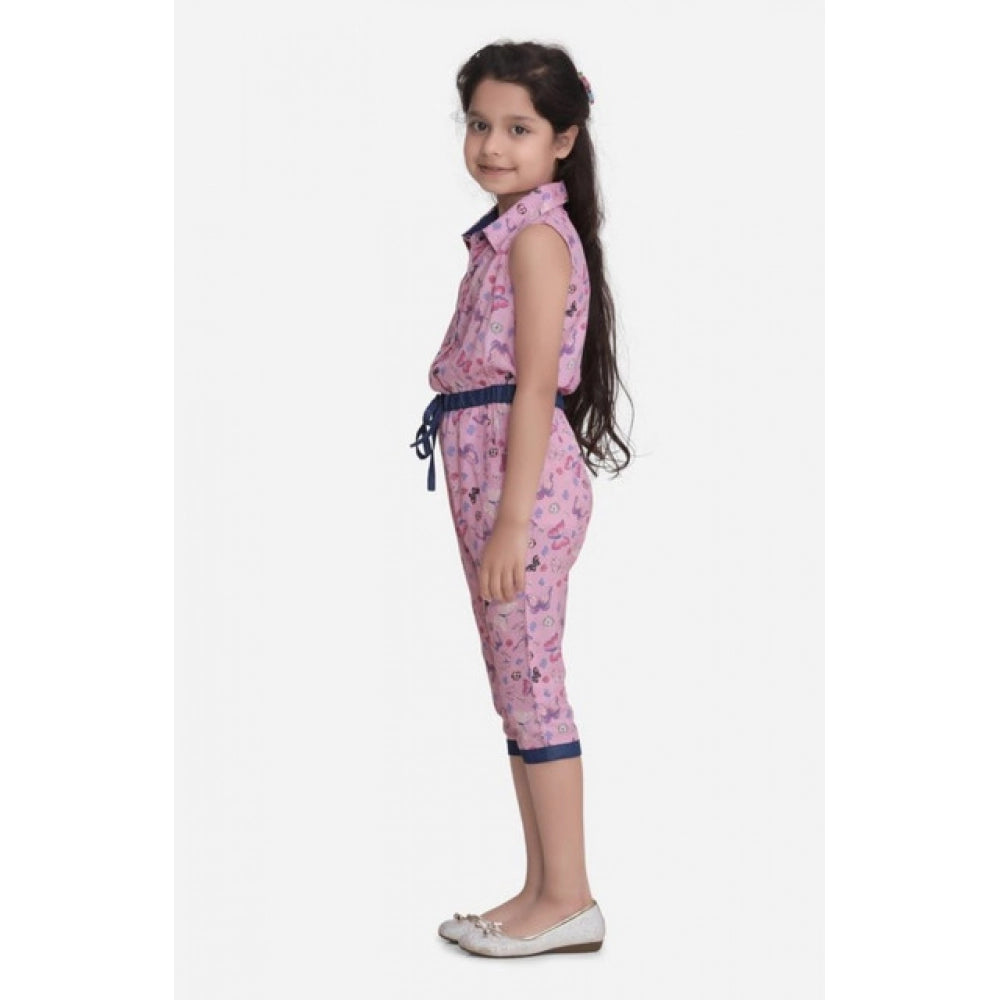 Generic Girl's Cotton Printed Sleeveless Jumpsuit (Pink)