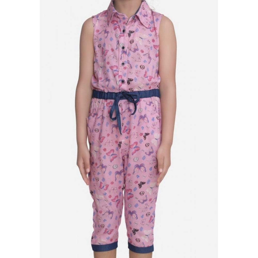 Generic Girl's Cotton Printed Sleeveless Jumpsuit (Pink)