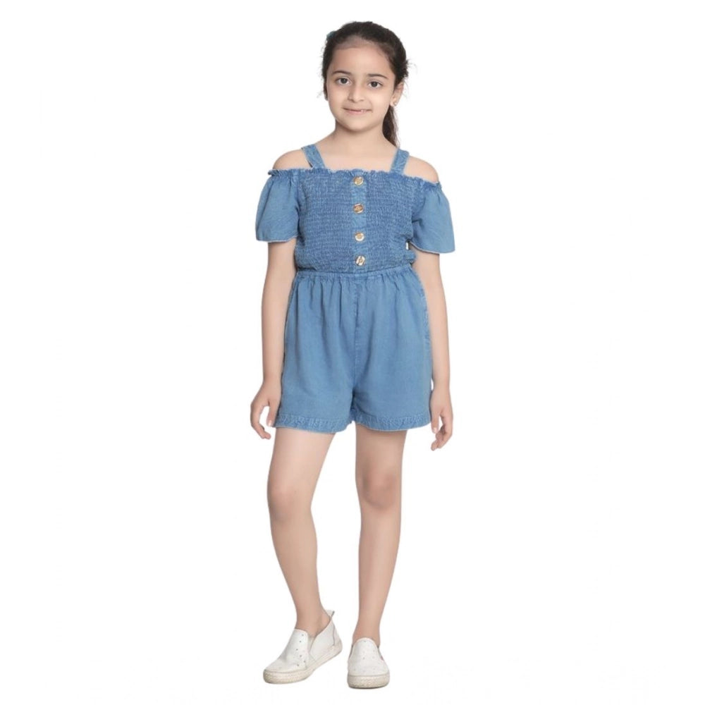 Generic Girl's Rayon Solid Sleeveless Jumpsuit (Blue)